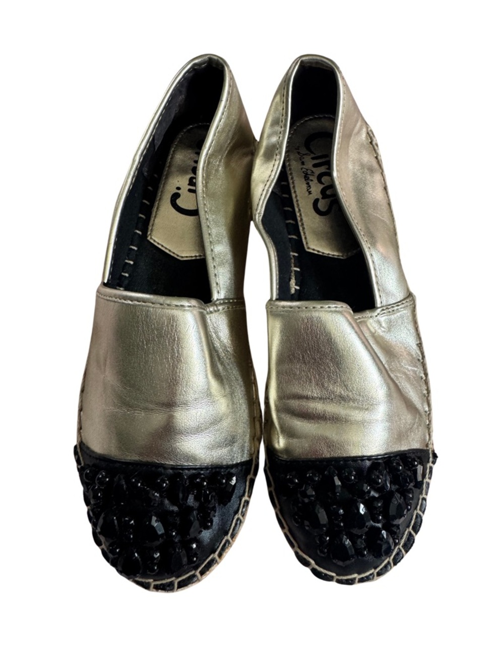 Circus by Sam Edelman Gold Slip-On Espadrilles with Black Jeweled Toe
